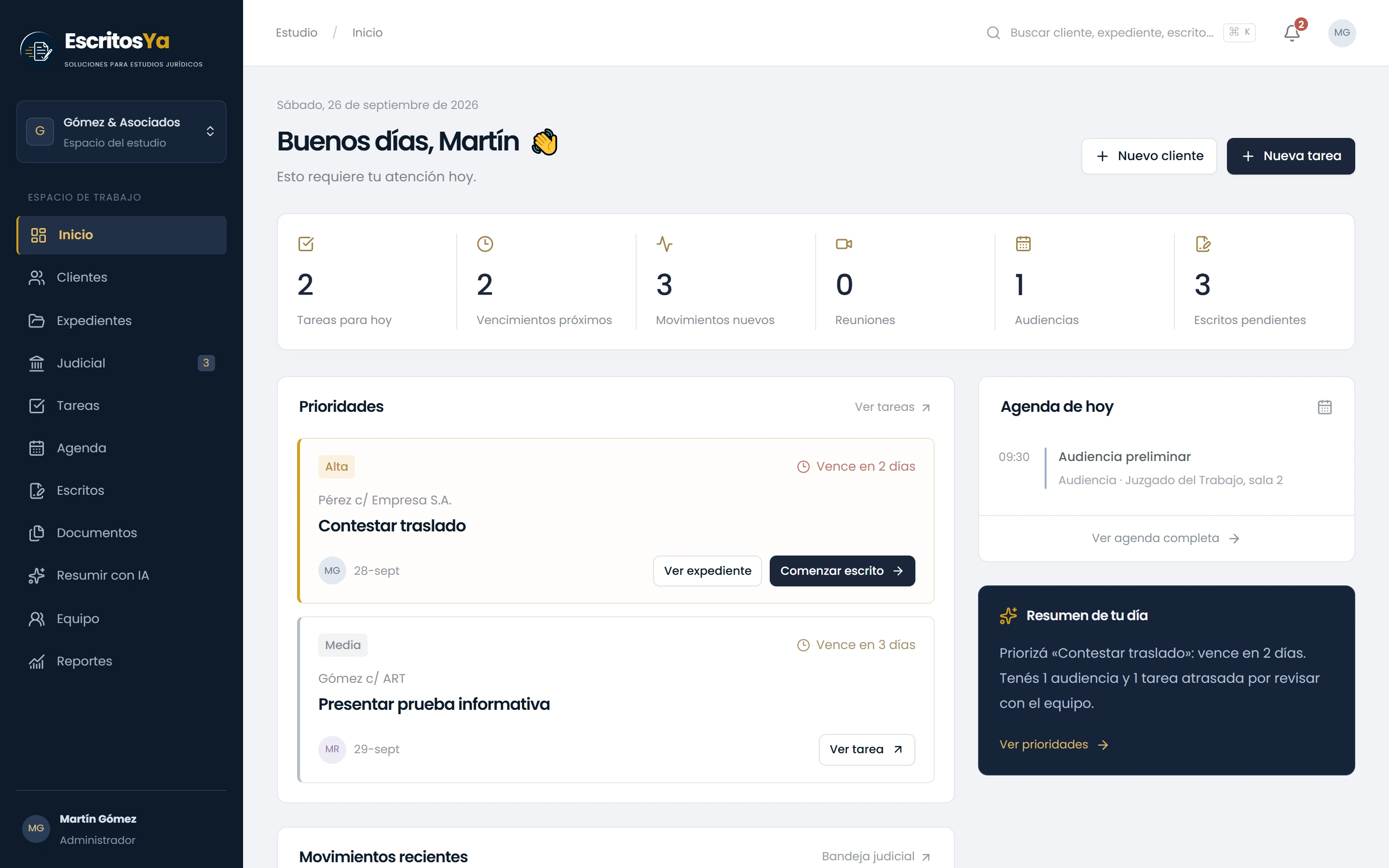 Pantalla de Inicio de EscritosYa: prioridades, agenda de hoy y resumen del día